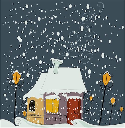 snowy night at home - Vector Christmas background Stock Photo - Budget Royalty-Free & Subscription, Code: 400-07465973