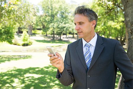 Mature businessman text messaging through smart phone in park Stock Photo - Budget Royalty-Free & Subscription, Code: 400-07467461