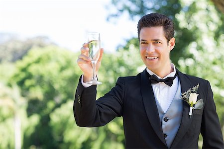 Happy young groom toasting champagne flute in garden Stock Photo - Budget Royalty-Free & Subscription, Code: 400-07468479