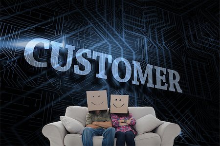The word customer and silly employees with arms folded wearing boxes on their heads against futuristic black and blue background Stock Photo - Budget Royalty-Free & Subscription, Code: 400-07468864