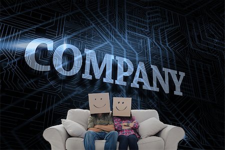 The word company and silly employees with arms folded wearing boxes on their heads against futuristic black and blue background Stock Photo - Budget Royalty-Free & Subscription, Code: 400-07468867