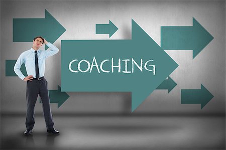 picture of man with arrow in head - The word coaching and thoughtful businessman with hand on head against blue arrows pointing Stock Photo - Budget Royalty-Free & Subscription, Code: 400-07469201