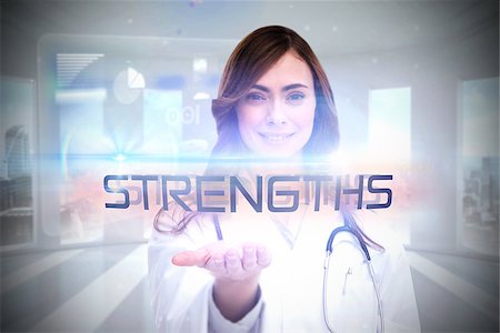 simsearch:400-07277781,k - The word strengths and portrait of female nurse holding out open palm against global business hologram Stock Photo - Budget Royalty-Free & Subscription, Code: 400-07469296