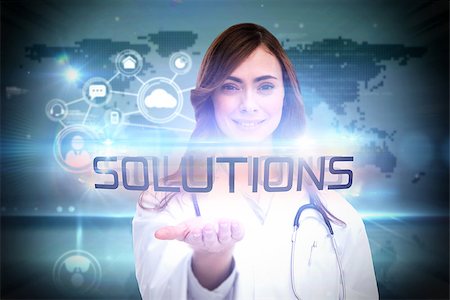 simsearch:400-07271774,k - The word solutions and portrait of female nurse holding out open palm against futuristic technology interface Foto de stock - Royalty-Free Super Valor e Assinatura, Número: 400-07469290