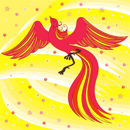 firebird - Beautiful graceful red firebird on abstract background with yellow shades. Hand drawing vector illustration Stock Photo - Budget Royalty-Free & Subscription, Code: 400-07462464