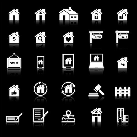 roof and hands - Real estate icons with reflect on black background, stock vector Stock Photo - Budget Royalty-Free & Subscription, Code: 400-07462724