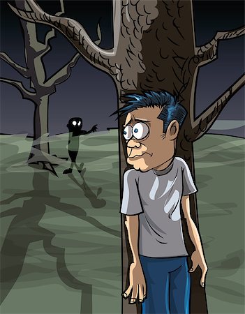 position afraid - Cartoon of scared man in the woods hiding from a zombie Stock Photo - Budget Royalty-Free & Subscription, Code: 400-07462773
