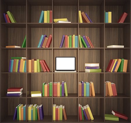 simsearch:400-08415616,k - Library with wooden shelfs and multicolored books and laptop on the center shelf. Stock Photo - Budget Royalty-Free & Subscription, Code: 400-07477793