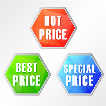 simsearch:400-07169053,k - hot, best, special price, three colors hexagons labels, flat design, business shopping concept Stockbilder - Microstock & Abonnement, Bildnummer: 400-07477882