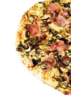 simsearch:400-07481067,k - Part of Freshly Baked Pizza with Edible Mushrooms, Bacon, Cheese and Spinach Sauce isolated on white background Stock Photo - Budget Royalty-Free & Subscription, Code: 400-07478284