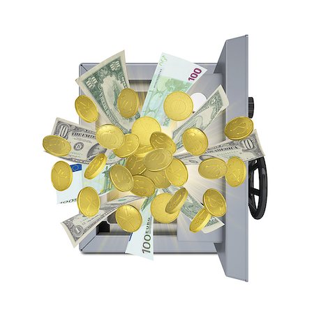 simsearch:400-08134004,k - Banknotes and coins are emitted from an open safe. Isolated on white background Fotografie stock - Microstock e Abbonamento, Codice: 400-07478353