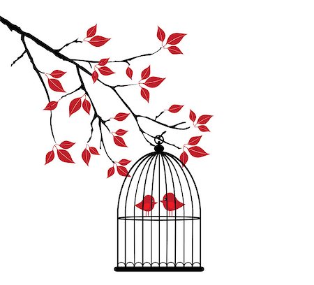 drawing and bird cage - vector bird in cage in the tree Stock Photo - Budget Royalty-Free & Subscription, Code: 400-07478594