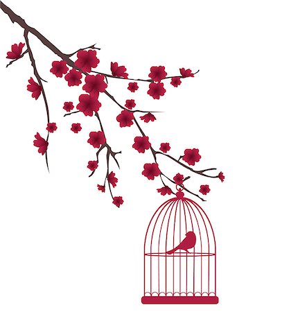 drawing and bird cage - vector bird in cage in the tree Stock Photo - Budget Royalty-Free & Subscription, Code: 400-07478602