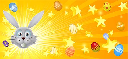 simsearch:400-07307426,k - Easter banner background banner of stars and decorated Easter eggs flying out and happy white Easter bunny Stock Photo - Budget Royalty-Free & Subscription, Code: 400-07478897