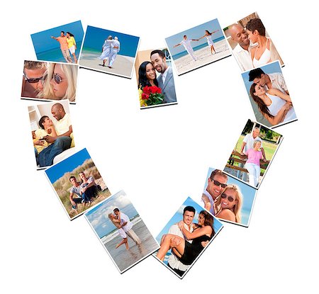 simsearch:400-04655735,k - Heart shaped montage of happy, romantic, mixed race couples enjoying romantic lifestyle, at beach embracing, holding hands, drinking wine at home in love. Stockbilder - Microstock & Abonnement, Bildnummer: 400-07479139