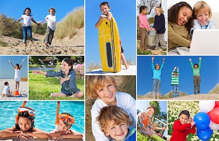 Montage of happy interracial group of children, girls and boys having fun playing in swimming pool, with balloons, at the beach, using laptop computer and gardening. Stock Photo - Budget Royalty-Free & Subscription, Code: 400-07479141