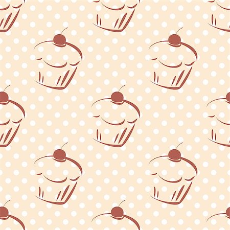 Seamless vector pattern or texture with cherry cupcakes and white polka dots on pink background. Hand drawn muffins and sweet cake dessert background for desktop wallpaper, culinary blog website. Photographie de stock - Aubaine LD & Abonnement, Code: 400-07479564