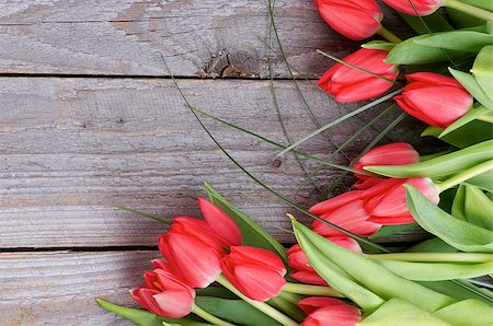 simsearch:400-08011307,k - Corner Frame of Beautiful Spring Red Tulips with Green Grass isolated on Rustic Wooden background. Top View Stock Photo - Budget Royalty-Free & Subscription, Code: 400-07470127