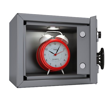simsearch:400-08134004,k - Alarm clock in an open metal safe. Alarm clock illuminated lamp. Isolated render on a white background Fotografie stock - Microstock e Abbonamento, Codice: 400-07470160
