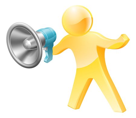 Gold person mascot megaphone concept. A person shouting down a megaphone or bullhorn. Stock Photo - Budget Royalty-Free & Subscription, Code: 400-07470185