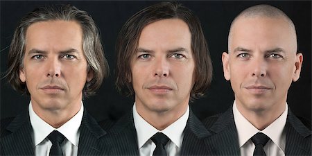 Close-up of a man in a business suit with three different hairstyles: bald, colored brown and greying. Photographie de stock - Aubaine LD & Abonnement, Code: 400-07470329