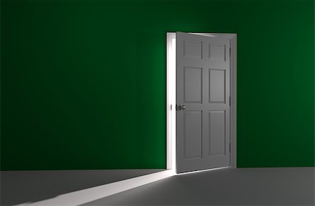 3D rendered image of a white door in a green wall is slightly open. A bright and glowing white light shines in. Stock Photo - Budget Royalty-Free & Subscription, Code: 400-07470757