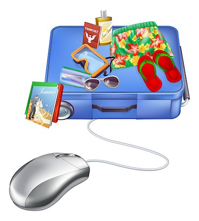 passport background - Vacation internet sale concept of a computer mouse and holiday items on a suitcase Stock Photo - Budget Royalty-Free & Subscription, Code: 400-07471006