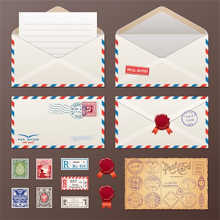 Mail Envelope, Stickers, Stamps And Postcard Vintage Style Vector Stock Photo - Budget Royalty-Free & Subscription, Code: 400-07472447