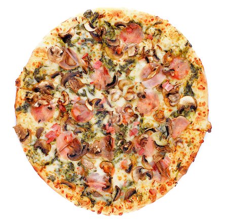 simsearch:400-07481067,k - Freshly Baked Pizza with Edible Mushrooms, Bacon, Cheese and Spinach Sauce isolated on white background. Top View Stock Photo - Budget Royalty-Free & Subscription, Code: 400-07472452