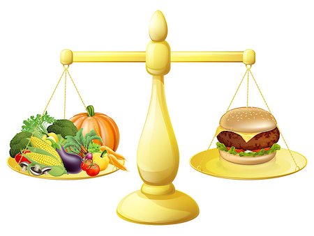 scales market fruits - Healthy eating diet decision concept of healthy vegetables on one side of scales and a burger junk food on the other. Could also be for the importance of a balanced diet. Stock Photo - Budget Royalty-Free & Subscription, Code: 400-07472463