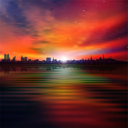 abstract red sunset background with silhouette of city and clouds Stock Photo - Budget Royalty-Free & Subscription, Code: 400-07472487