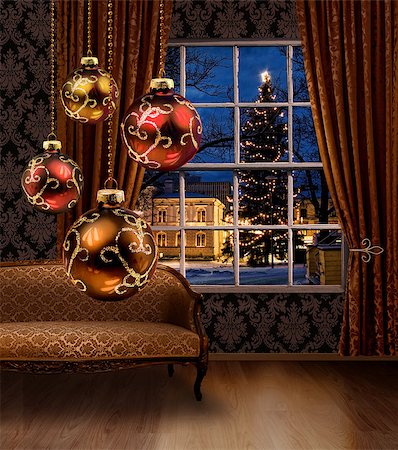 snowy night at home - Christmas balls hanging in front of town view window, classic furniture interior Stock Photo - Budget Royalty-Free & Subscription, Code: 400-07473019