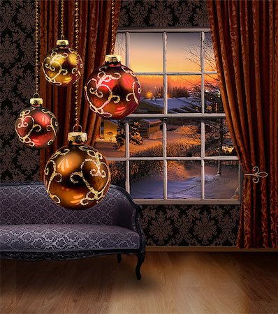 Christmas balls hanging in front of winter street view window, classic furniture interior Stock Photo - Budget Royalty-Free & Subscription, Code: 400-07473020