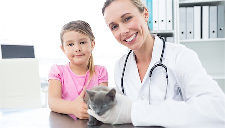 Portrait of female vet and girl with kitten in clinic Stock Photo - Budget Royalty-Free & Subscription, Code: 400-07473632