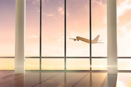 Digitally generated airplane flying past window at sunrise Stock Photo - Budget Royalty-Free & Subscription, Code: 400-07485218