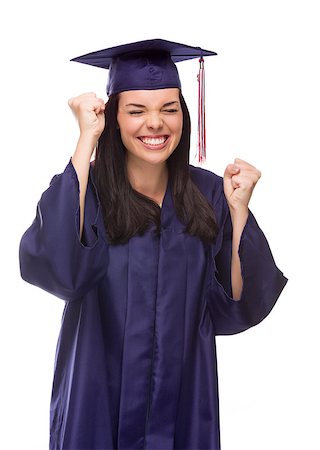 simsearch:400-04854970,k - Happy Graduating Mixed Race Female Wearing Cap and Gown Cheering Isolated on a White Background. Stock Photo - Budget Royalty-Free & Subscription, Code: 400-07485537