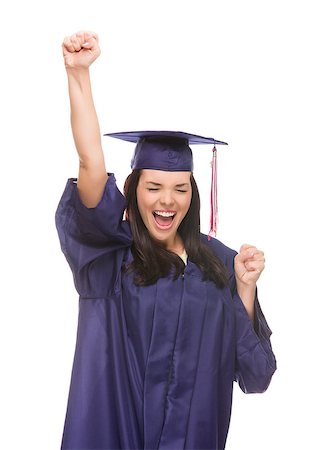 simsearch:400-04854970,k - Happy Graduating Mixed Race Female Wearing Cap and Gown Cheering Isolated on a White Background. Stock Photo - Budget Royalty-Free & Subscription, Code: 400-07485538