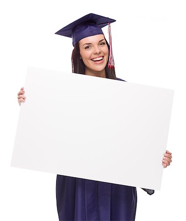 simsearch:400-04125503,k - Happy Mixed Race Female Graduate in Cap and Gown Holding Blank Sign Isolated on White. Photographie de stock - Aubaine LD & Abonnement, Code: 400-07485541