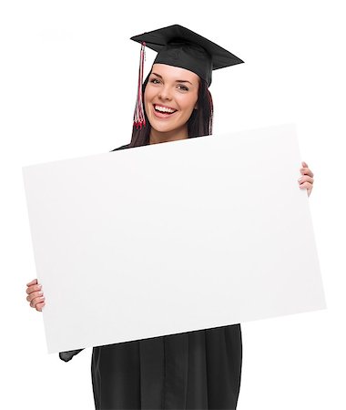 simsearch:400-04125503,k - Happy Mixed Race Female Graduate in Cap and Gown Holding Blank Sign Isolated on White. Photographie de stock - Aubaine LD & Abonnement, Code: 400-07486671