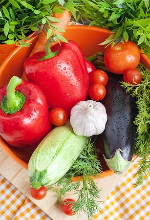 simsearch:400-07479107,k - Fresh vegetables (ratatouille ingredients) in  bowl on table Stock Photo - Budget Royalty-Free & Subscription, Code: 400-07480478