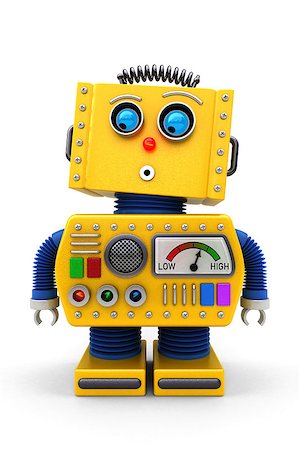 simsearch:400-07511289,k - Yellow toy robot is looking surprised onto floor Fotografie stock - Microstock e Abbonamento, Codice: 400-07481528