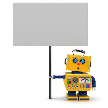 simsearch:400-07511289,k - Cute toy robot holding a big sign looking upwards over white background Fotografie stock - Microstock e Abbonamento, Codice: 400-07481530