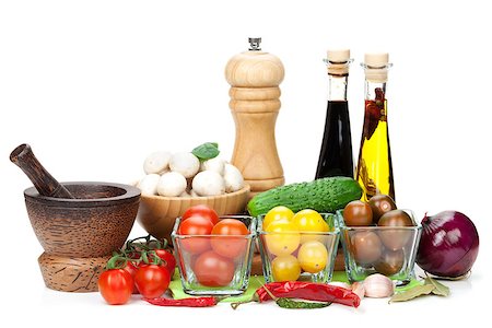 simsearch:400-04846756,k - Fresh ingredients for cooking: tomato, cucumber, mushroom and spices. Isolated on white background Stock Photo - Budget Royalty-Free & Subscription, Code: 400-07481791