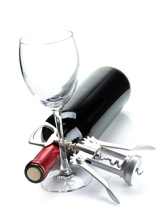 simsearch:400-07450722,k - Red wine bottle, glass and corkscrew. Isolated on white background Stock Photo - Budget Royalty-Free & Subscription, Code: 400-07481836