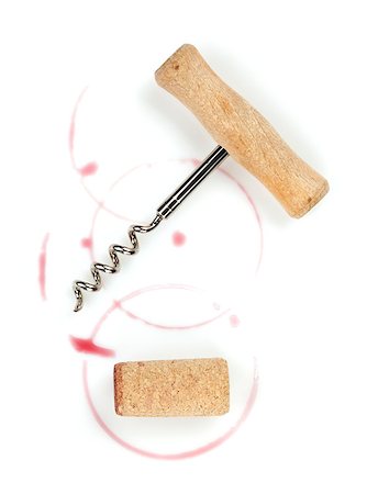 Cork and corkscrew with red wine stains. Isolated on white background Stock Photo - Budget Royalty-Free & Subscription, Code: 400-07481851