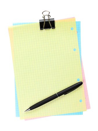 simsearch:400-06203504,k - Colorful lined office paper with clip and pen. Isolated on white background Stock Photo - Budget Royalty-Free & Subscription, Code: 400-07481872