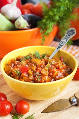 eggplant stew - Vegetable stew (Ratatouille) in yellow bowl on the table Stock Photo - Budget Royalty-Free & Subscription, Code: 400-07482304