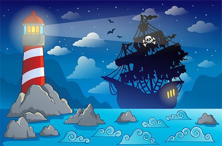 simsearch:400-07317425,k - Pirate ship silhouette near coast 1 - eps10 vector illustration. Foto de stock - Super Valor sin royalties y Suscripción, Código: 400-07482462