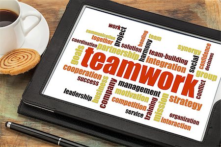 teamwork word cloud on a digital tablet with a cup of coffee Stock Photo - Budget Royalty-Free & Subscription, Code: 400-07482592