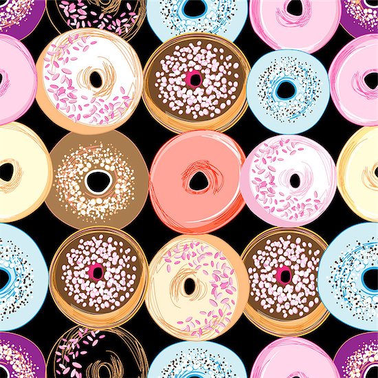 bright seamless graphic pattern of different donuts on a dark background Stock Photo - Royalty-Free, Artist: tanor, Image code: 400-07482743